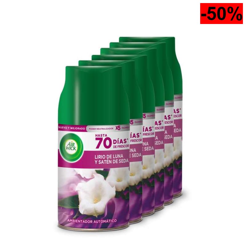 Air Wick Freshmatic, Recambios de ambientador Spray automático, Aroma a Lirio de Luna y Satén de Seda - Pack de 6, 1500 mililitros - oferta Amazon