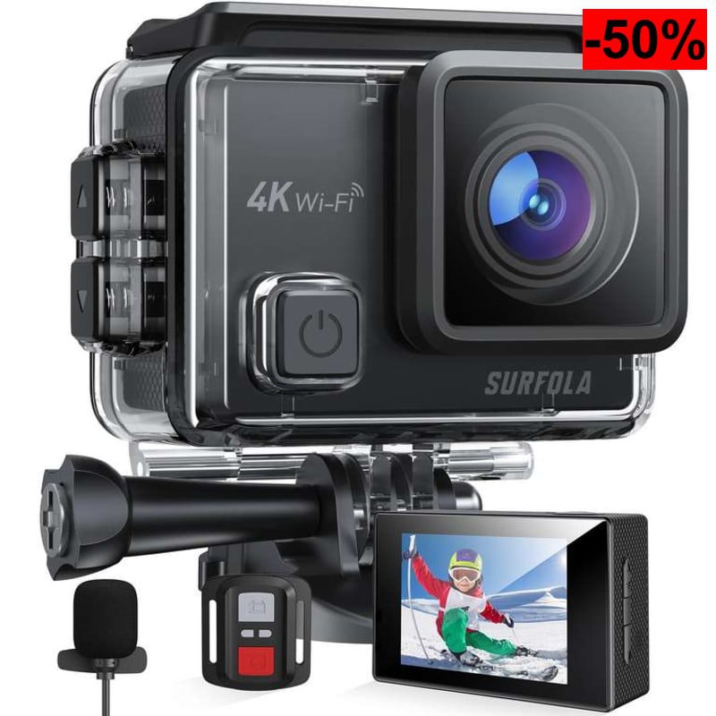Cámara Deportiva Surfola 4K (20MP, EIS Antivibración, Micrófono Dual, 2 Baterías) - oferta Amazon