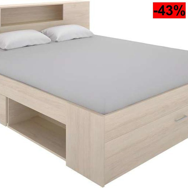 Cama de matrimonio con almacenaje en cabecero y bajo cama - Natural - 95x149x218 cm - oferta Amazon