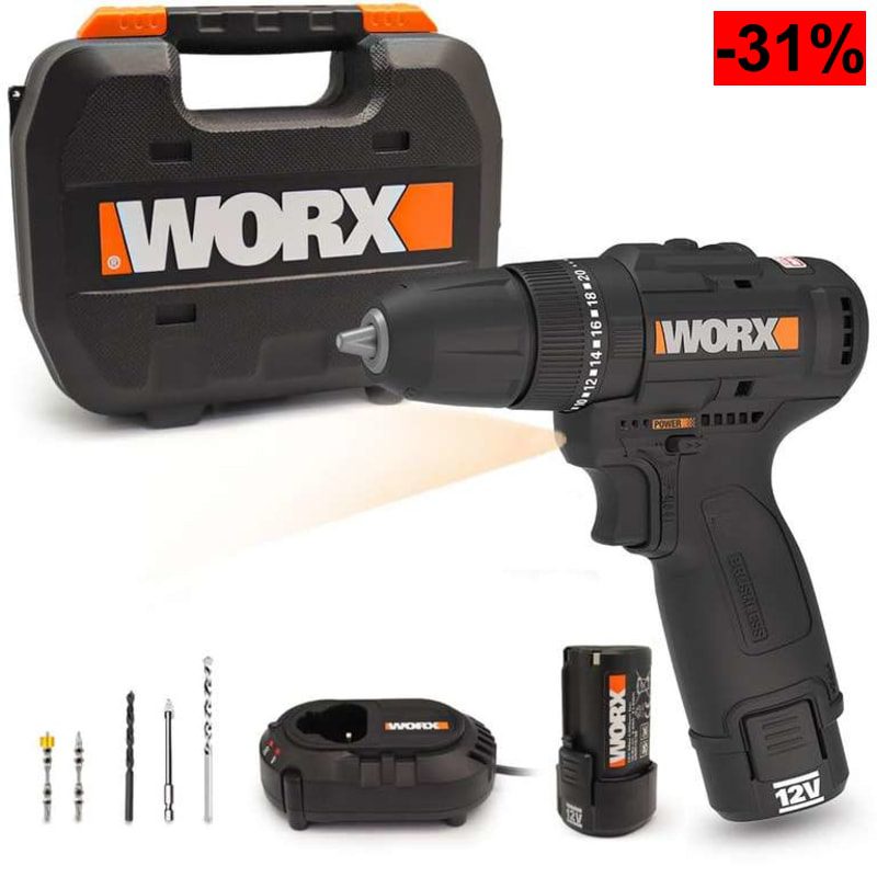 Taladro Percutor WORX WX121 12V (Brushless, 40Nm, 3 en 1, incluye 2 Baterías 2Ah, cargador y Maletín con diferentes accesorios) - oferta Amazon