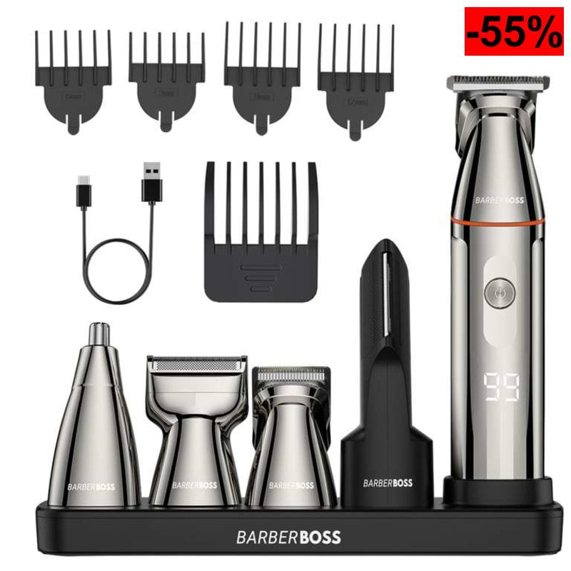 Recortadora de barba BarberBoss 5 en 1, inalámbrica, afeitadora de nariz y cuerpo con pantalla LED y carga USB-C - oferta Amazon