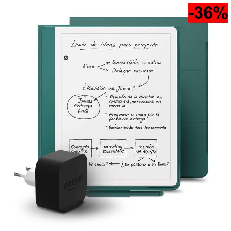Kindle Scribe 64 GB + Funda esmeralda oscuro de piel prémium + Adaptador de 9 W - oferta Amazon