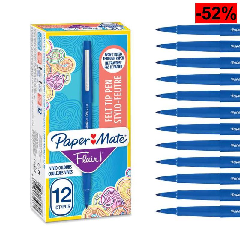 Paper Mate Flair rotuladores de punta de fieltro | punta mediana (0.7 mm) | azul | caja de 12 - oferta Amazon