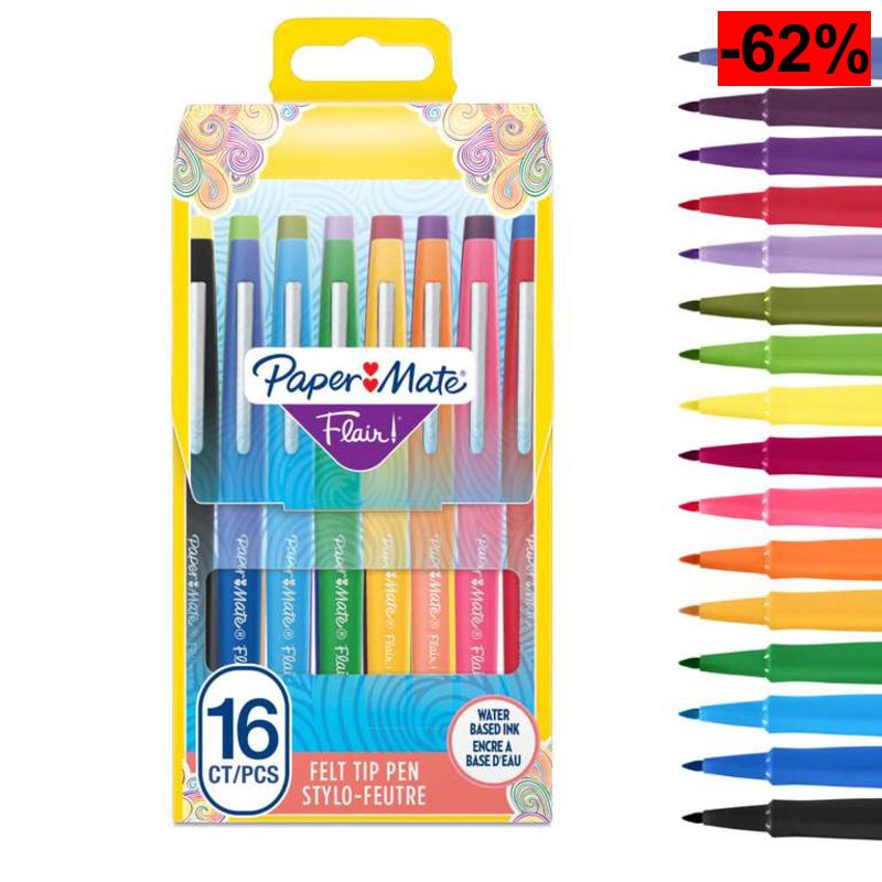 Paper Mate Flair rotulador | punta mediana (0,7 mm) | colores surtidos | estuche de 16 - oferta Amazon