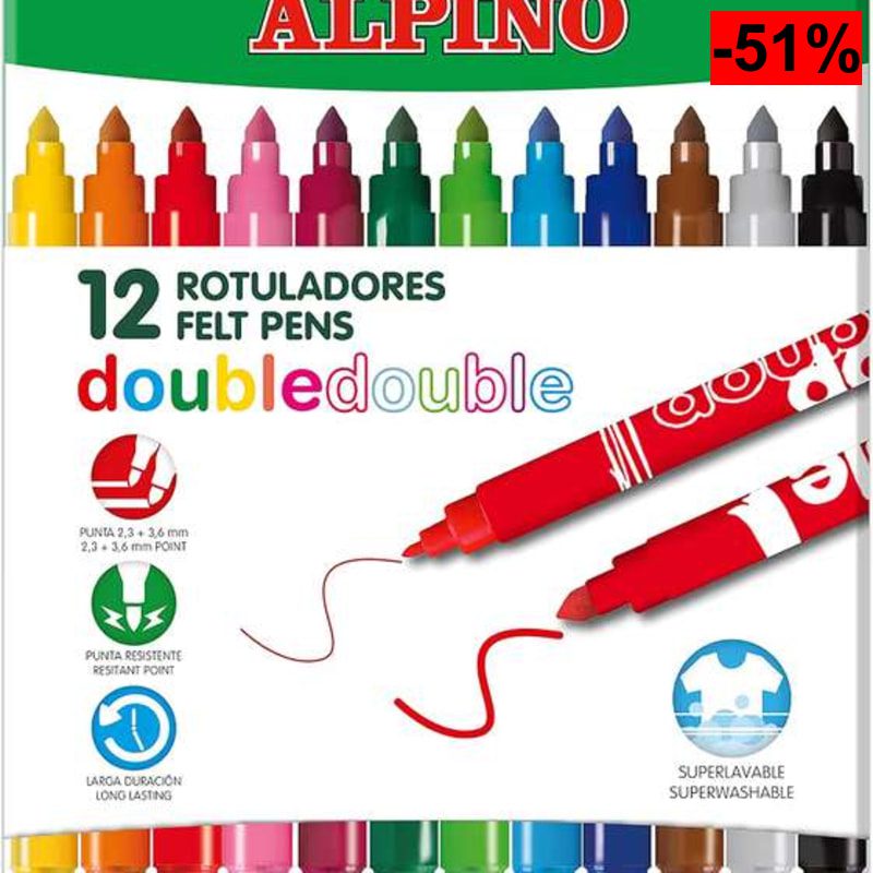 Alpino, Set de 12 rotuladores de colores de doble punta, Punta fina de 2,3mm y punta gruesa de 3,6mm en el mismo rotulador - oferta Amazon