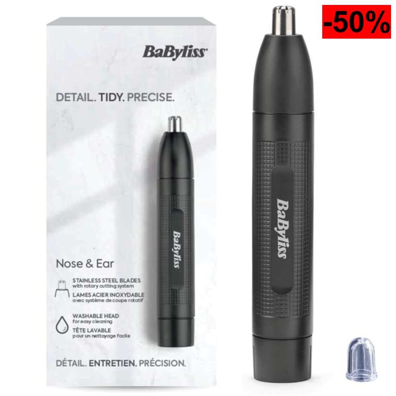 BaByliss Recortadora para Nariz y Orejas - Funciona con pilas, Acero Inoxidable, Accesorios extraíbles fácil limpieza - oferta Amazon