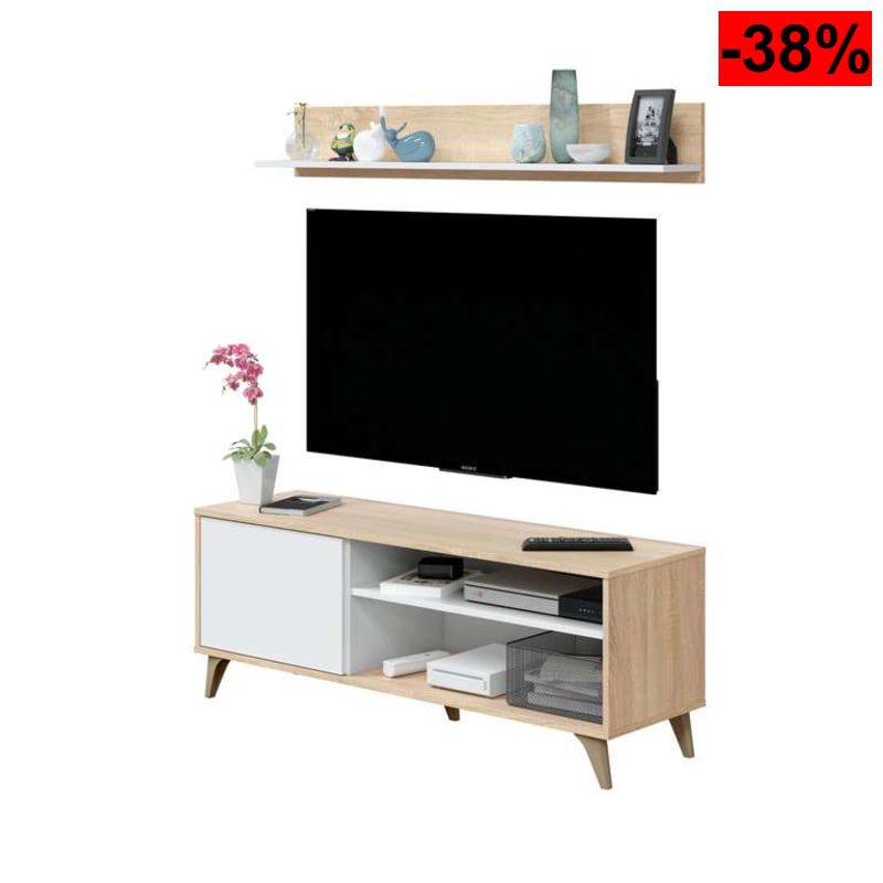 Mueble Moderno de TV con 1 Puerta y 2 Compartimentos + Estante en L, Modelo Edu, Acabado en Color Blanco y Roble Canadian - oferta Amazon
