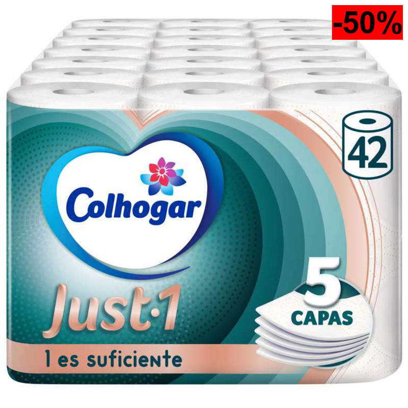 42 ROLLOS Colhogar Just 1 - Papel Higiénico Extra Absorbente - Papel de Baño de 5 Capas - Ultra Suave para Máximo Confort - oferta Amazon