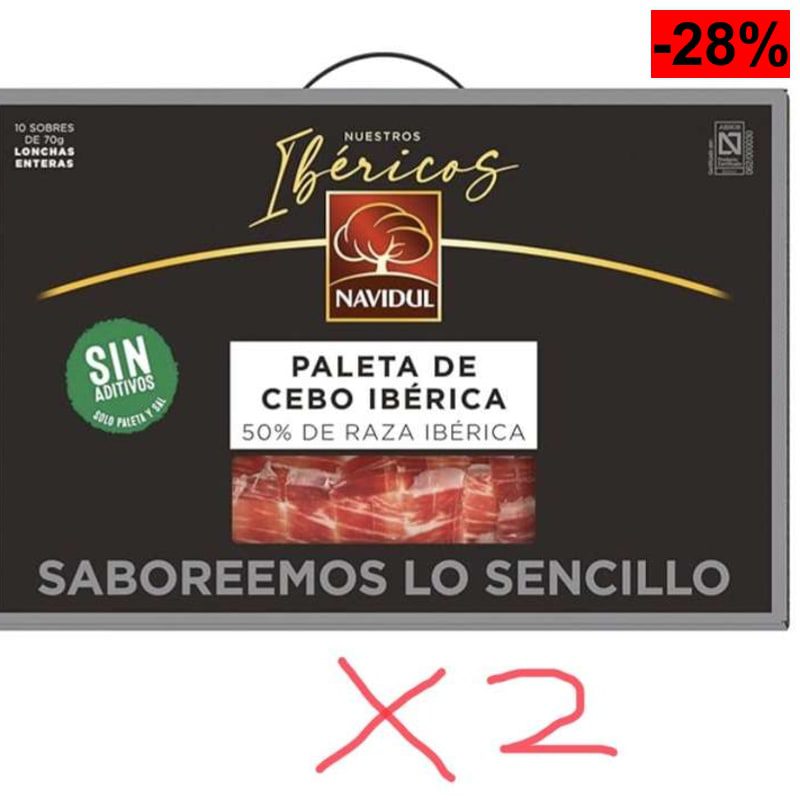NAVIDUL 2 X MALETINES de Paleta de Cebo Ibérica (50% raza ibérica) SOLO JAMÓN Y SAL envasado al vacío - 20x70gr, TOTAL 1,4kg - oferta Amazon
