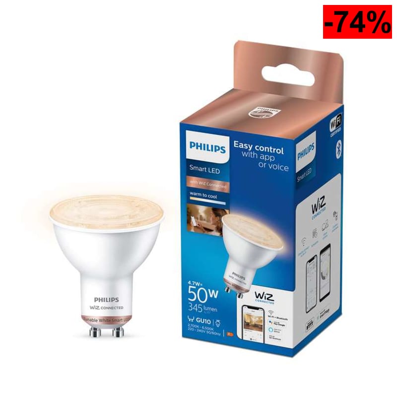 Bombilla inteligente - Philips Smart LED, 4.7W (Eq. 50 W) GU10, Luz Blanca de cálida a fría, WiFi, Con tecnología SpaceSense - oferta Amazon