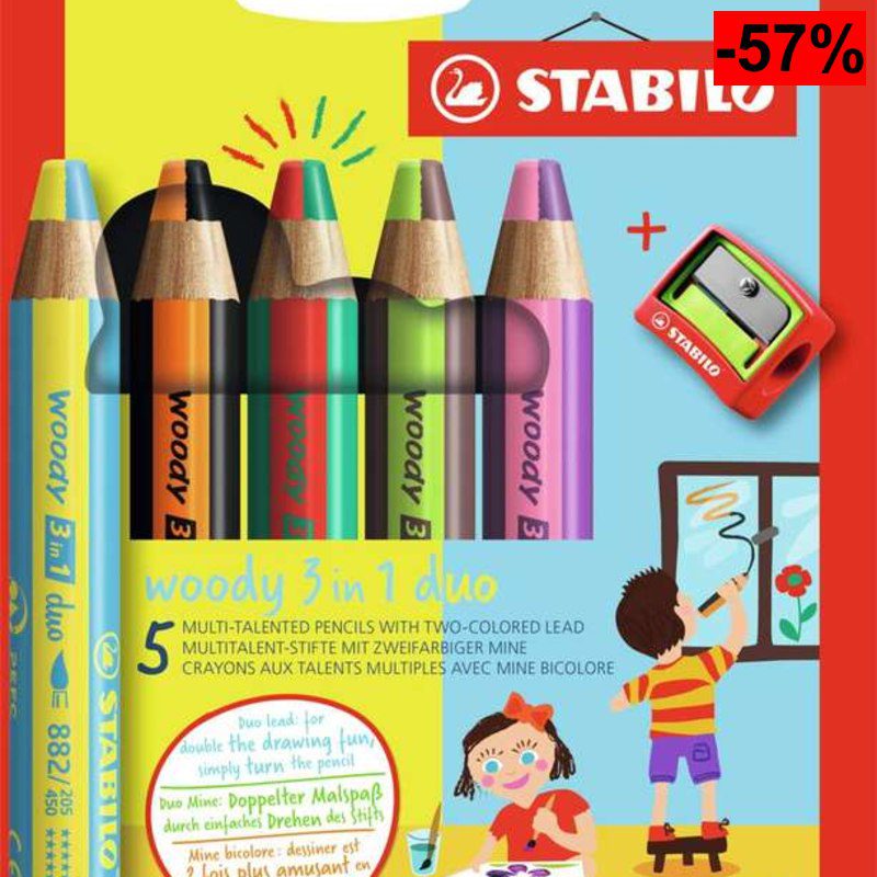 STABILO - Lápiz de color multitalento - woody 3 en 1 duo - Mina bicolor - Estuche de 5 - 10 colores y sacapuntas - oferta Amazon