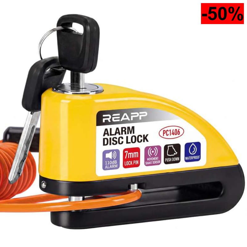 Candado de disco para moto REAPP con alarma 110 dB, pasador de 7 mm, cable recordatorio de 1,5 m, funda y accesorios - oferta Amazon