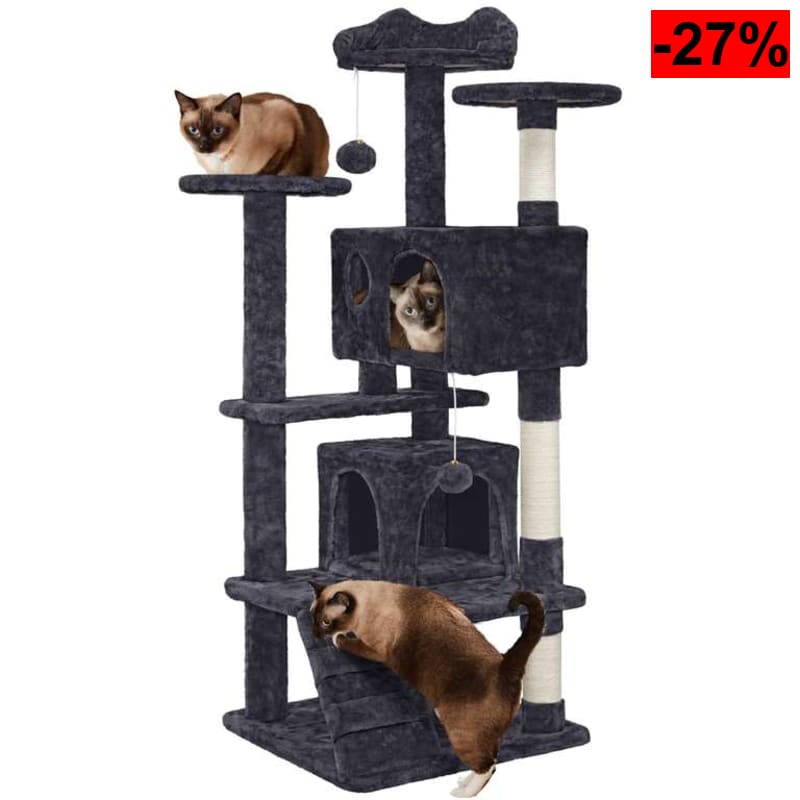 Árbol rascador para gatos 139 cm con 3 plataformas, 2 nidos, 2 pompones y postes de sisal para trepar y afilar uñas - oferta Amazon