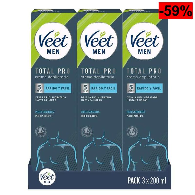 Veet Men Crema Depilatoria Masculina para Pecho Espalda Brazos y Piernas, Pieles Sensibles - 3 x 200ml - oferta Amazon
