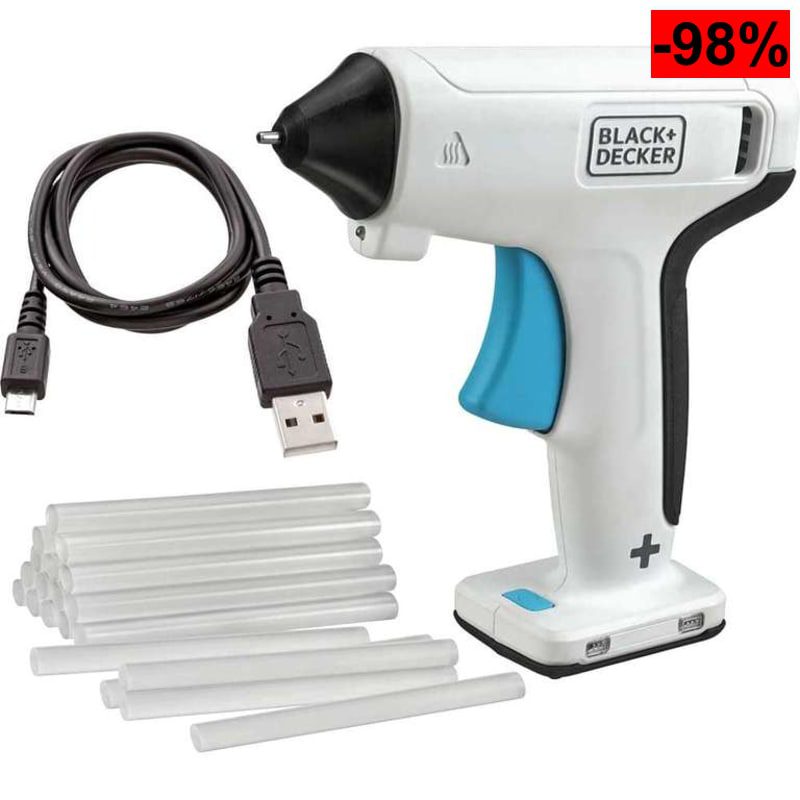 Pistola de cola termofusible BLACK+DECKER BCGL115-XJ 3,6V con batería 1,5Ah, calentamiento 30 s, USB, LED y 20 barras - oferta Amazon