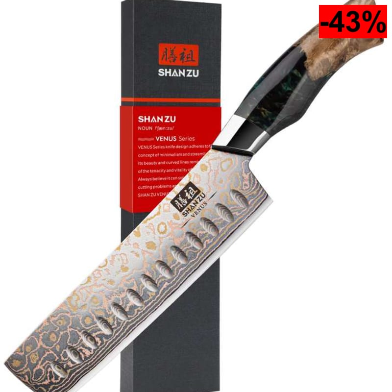SHAN ZU - Cuchillo Nakiri Damasco de Cobre y Acero 33 Capas, Cuchillo para Verdura Japonés Forjado a Mano con Mango de Madera de Arce - oferta Amazon