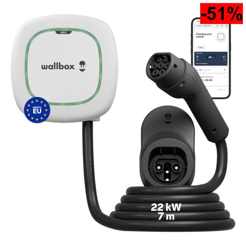 Wallbox Pulsar Max 22kW - Cargador Coche Electrico 32 A -Cable 5 Metros -Cargador EV Tipo 2 - oferta Amazon