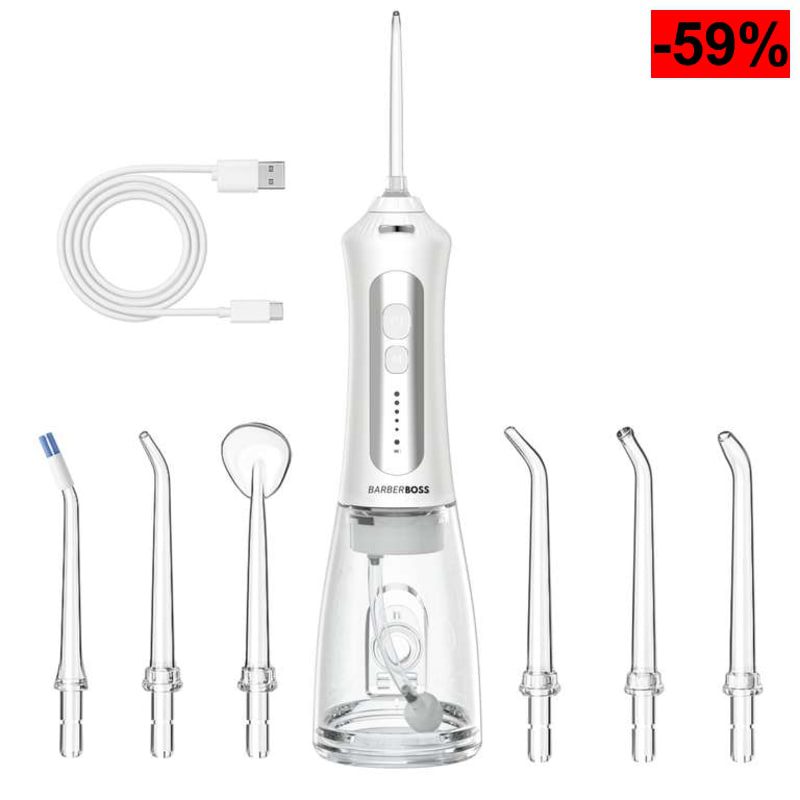 Barberboss portátil, irrigador oral recargable, kit de hilo dental con 5 ajustes de presión, 5 boquillas intercambiables, tanque de 300 ml - oferta Amazon