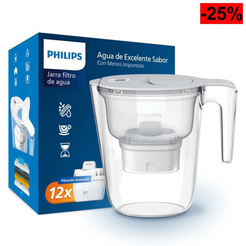 Philips Water Filtro de jarra + 12 cartuchos de filtro de repuesto, Filtración Avanzada 2,6L - oferta Amazon