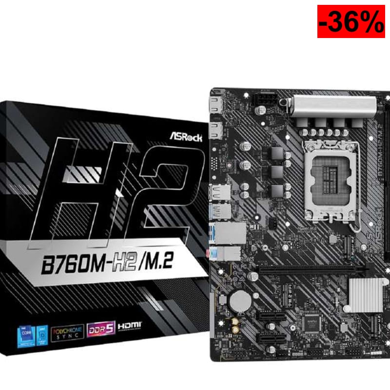 Asrock B760M-H2/M.2 | Micro-ATX LGA1700 (Chipset Intel B760, memoria DDR5, PCIe 4.0, red LAN 2.5G, doble salida HDMI y 2 ranuras M.2 NVMe) - oferta Amazon