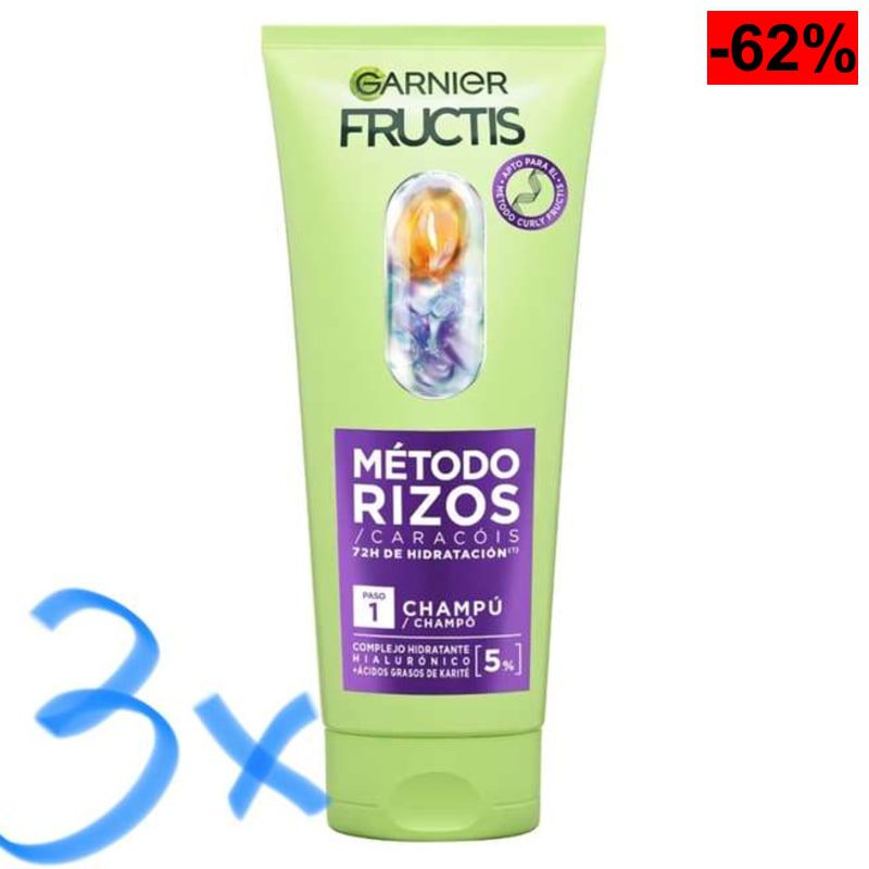 3 x Garnier Fructis Método Rizos Champú con Ácido Hialurónico y Karité, 200ml. Hidratación, Anti-Encrespamiento, Sin Sulfatos ni Silicionas - oferta Amazon
