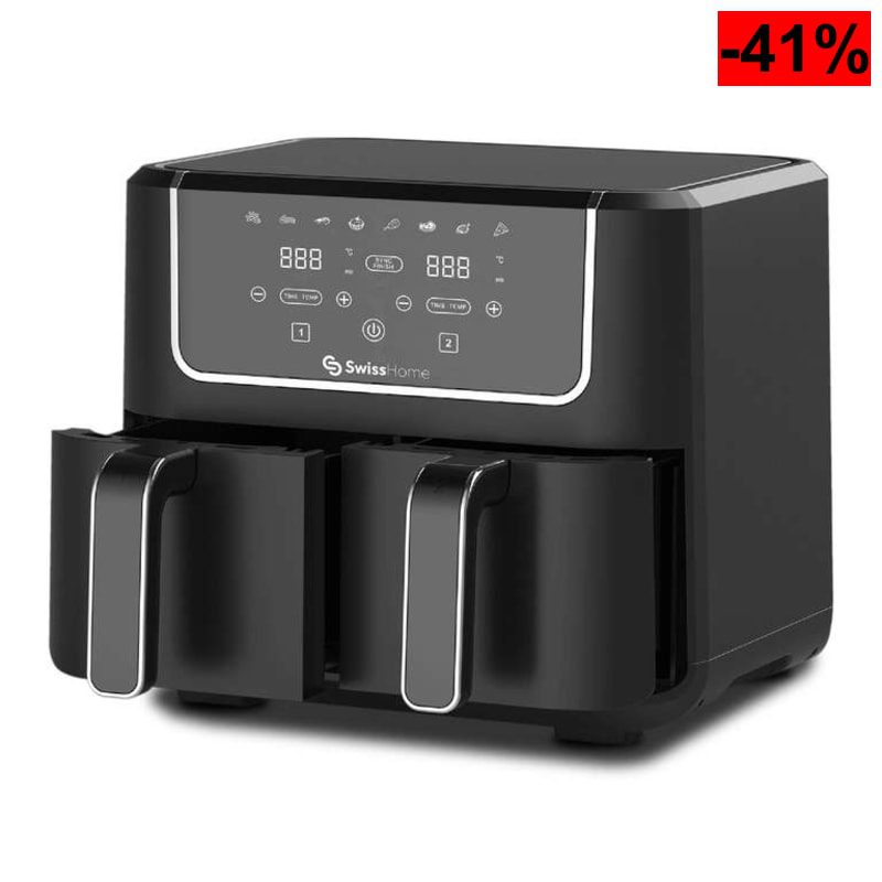 Freidroa de aire de 2100W y 2 Ollas de 3L con 8 Funciones, revestimiento antiadherente y pantalla LED SwissHome - oferta Amazon