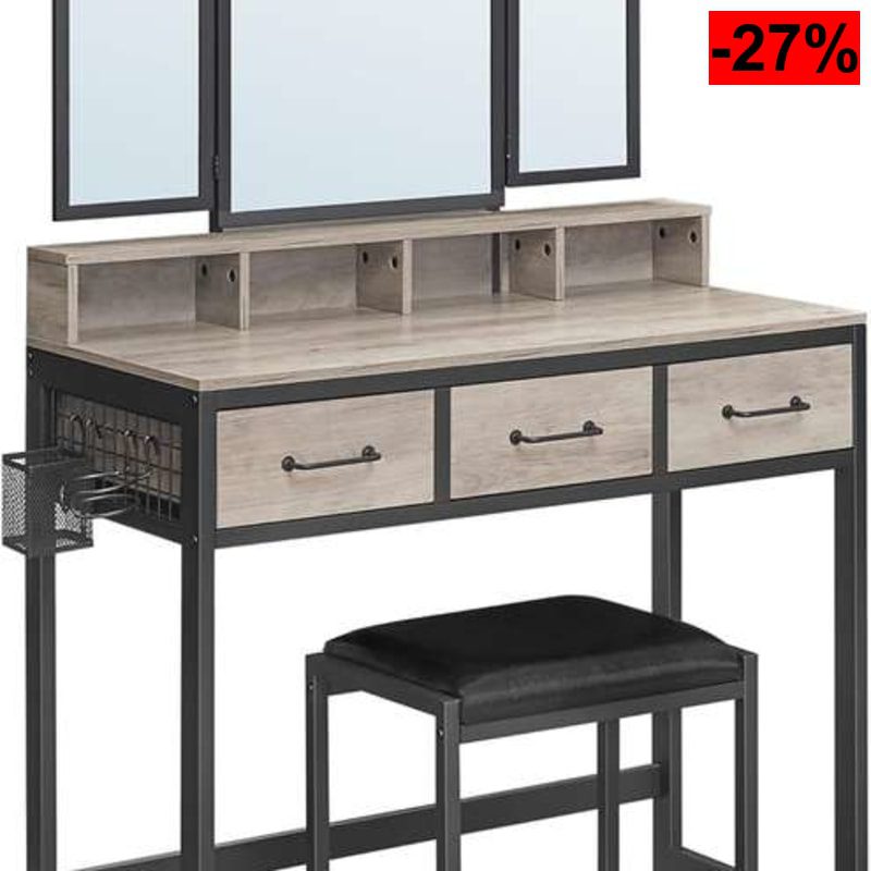 VASAGLE tocador con Espejo Plegable de 3 Piezas, Soporte para secador + Taburete Acolchado - oferta Amazon