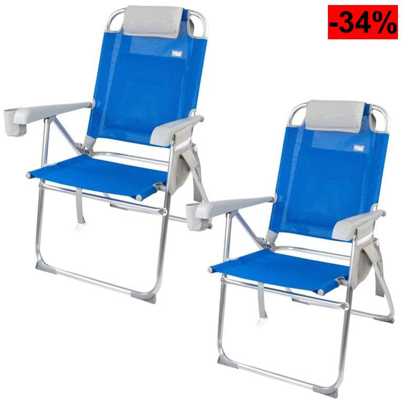 AKTIVE Pack 2 sillas de Playa Plegables, 8 Posiciones, Color Azul, Soportan 110 kg, Incluyen cojín, Posavasos, Bolsillos, Asas de Transporte - oferta Amazon