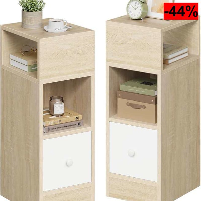EUGAD Mesitas de Noche Pack 2 Estrechas Roble Claro con 2 Compartimentos y 1 Cajón, 25x30x66 cm, - oferta Amazon