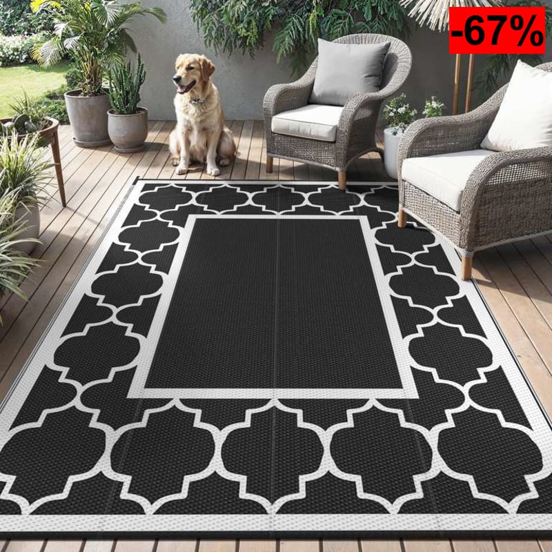 GENIMO Alfombra Exterior Terraza,Impermeable Reversible 180 x 275 cm Plástico, Alfombra Exterior, Cuadrado Negro Blanco, - oferta Amazon