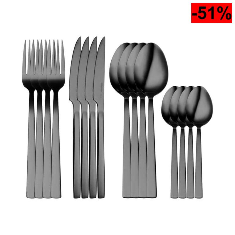 Cubertería de acero inoxidable de 16 piezas, Incluye 4 cuchillos, 4 tenedores, 4 cucharas, 4 cucharillas, Acabado plateado - oferta Amazon