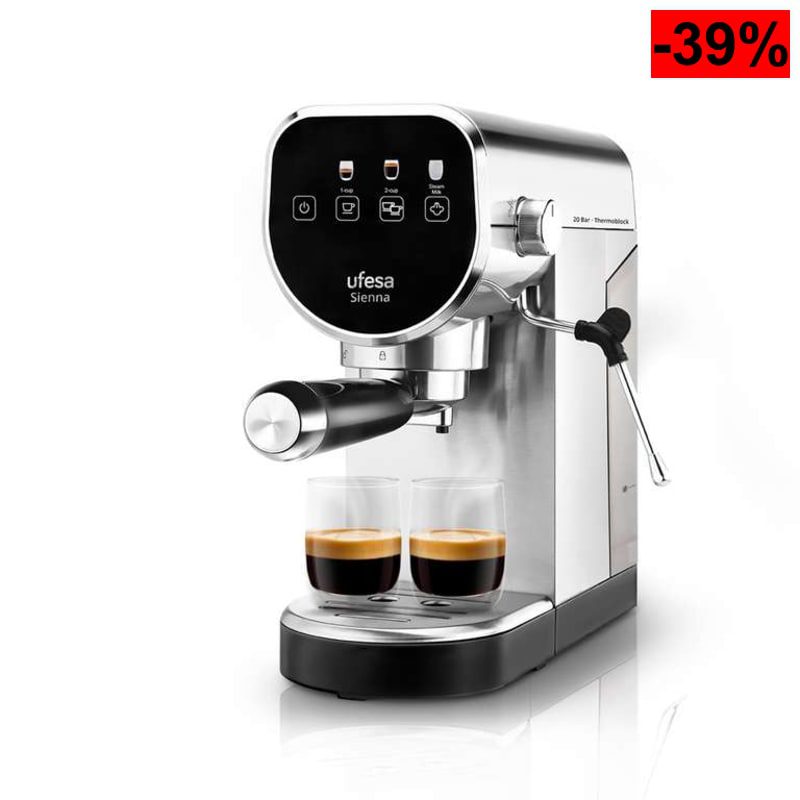 Ufesa Sienna Cafetera Espresso y Capuccino, Presión 20 Bares, Panel Táctil Digital, 1360W, 0.9L, 1 o 2 Cafés, Función Calienta Tazas - oferta Amazon