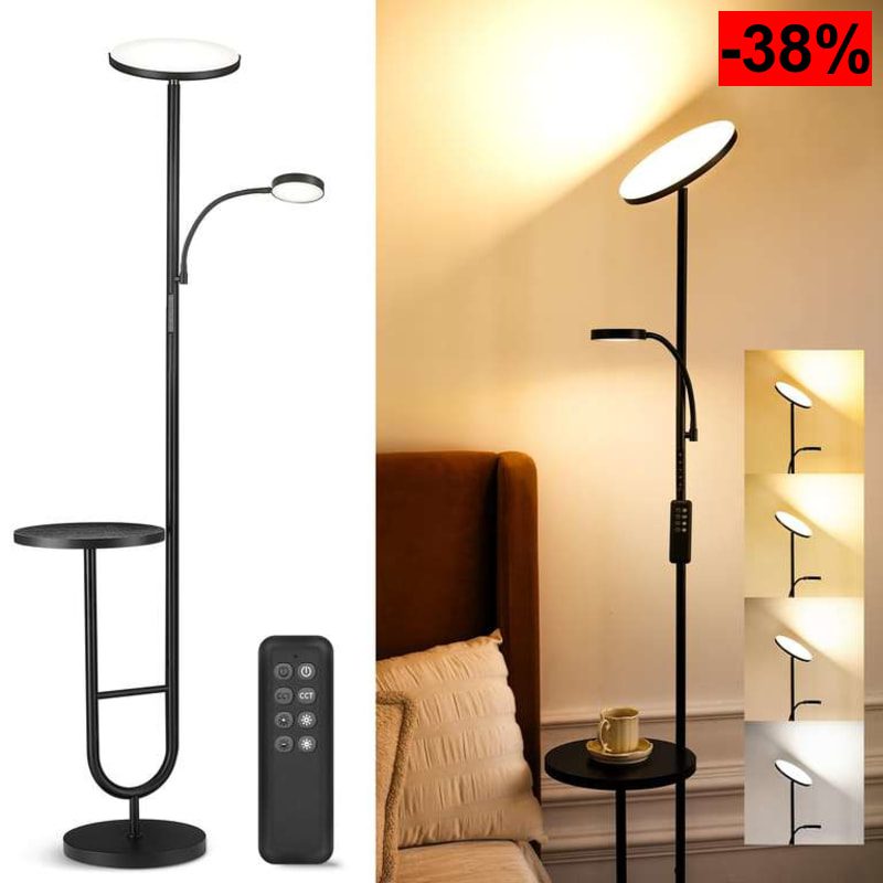 Lámpara de Pie LED con MESA, 36W+7W Regulable 3200LM+600LM con Mando, Cabezal Giratorio 350°, 2700K-6500K, Lámpara Moderna- Negra - oferta Amazon