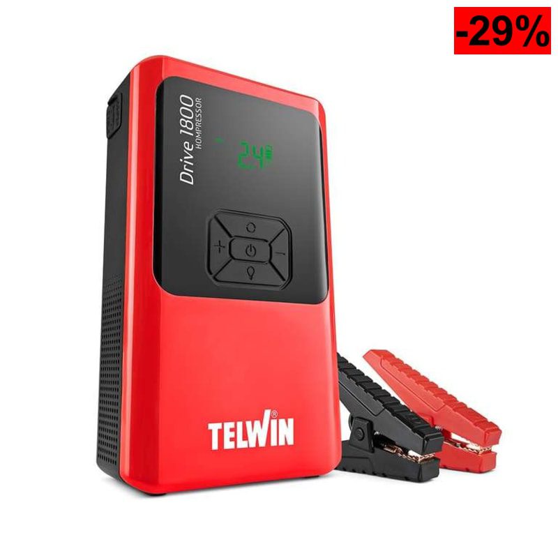 Telwin Drive Kompressor 12V Arrancador de Emergencia Portátil Ultracompacto para Coches, Motos, Barcos con Compresor , Powerbank, 1800A - oferta Amazon