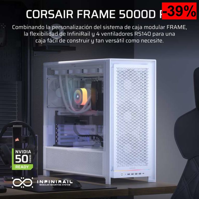 Caja PC CORSAIR Frame 5000D RS Modular Blanco (Chasis Mid-Tower de gran flujo de aire, 4 ventiladores RS preinstalados y sistema InfiniRail) - oferta Amazon