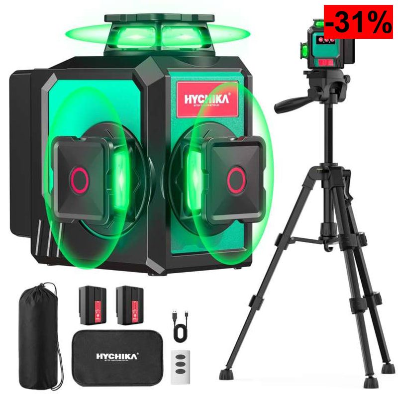 HYCHIKA - Nivel Láser 360° Autonivelante de 12 Líneas con Trípode, 2 Baterías 3000 mAh y Mando - oferta Amazon