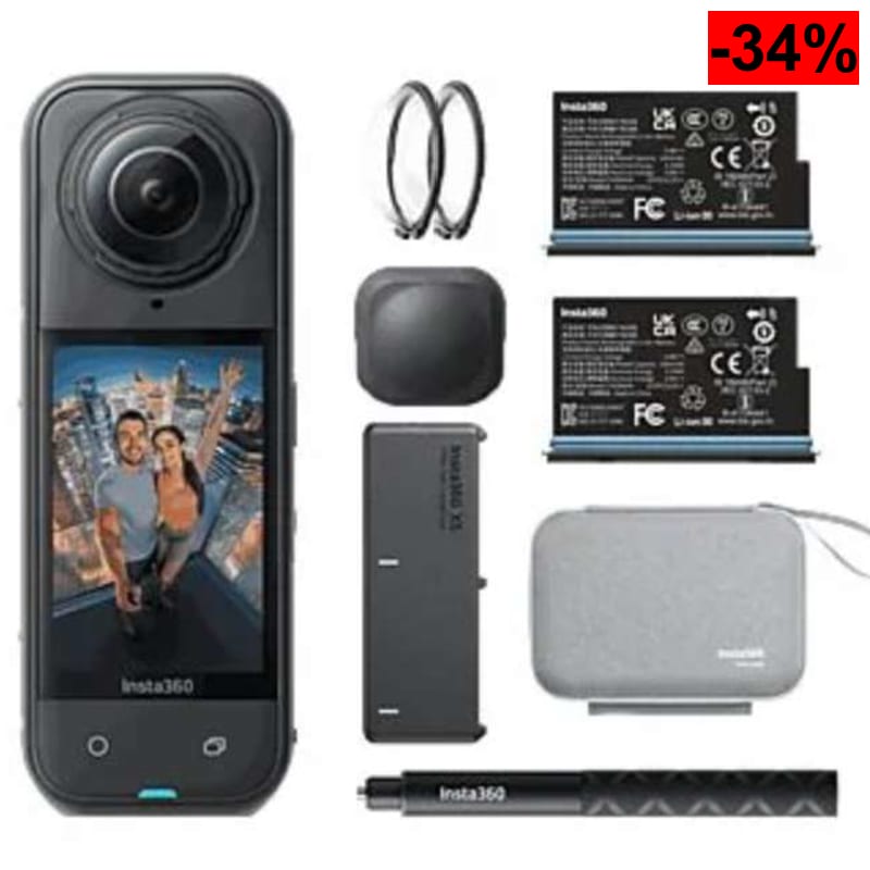 Cámara Insta360 X5 Esencial (8K 360°, HDR Activo 5.7K a 60fps, Autonomía 185 min), incluye 2 baterías, palo, protector de lente y funda - oferta Amazon