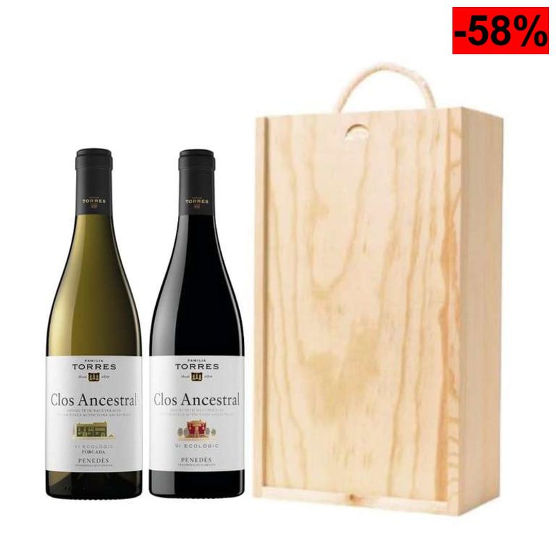 Estuche caja de madera de 2 botellas, 1 de Clos Ancestral blanco y 1 de Clos Ancestral tinto - oferta Amazon