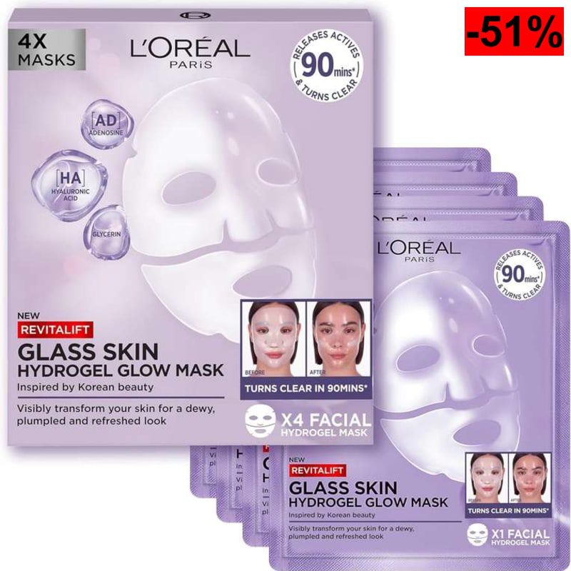 Pack 4 L'Oréal Paris Revitalift Filler Glass Skin Mascarilla Facial Hidrogel Iluminadora - oferta Amazon