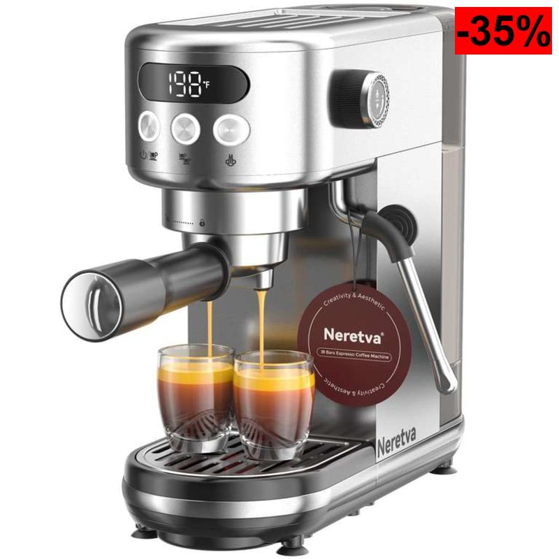 Neretva Cafetera 20 Bares, Cafetera Espresso 1350W Ultracompacta de Acero Inoxidable - oferta Amazon