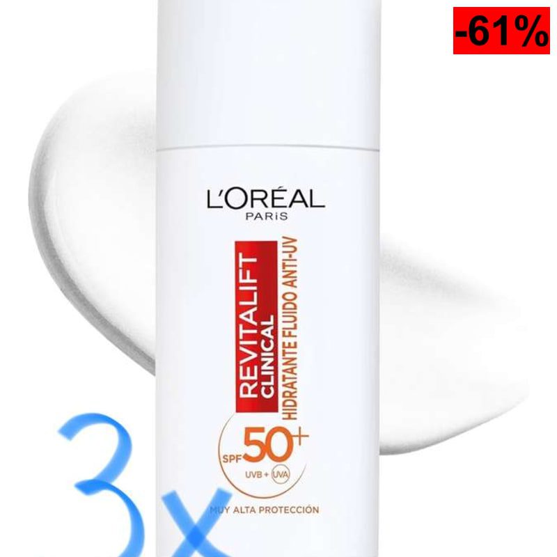 3 x L’Oreal Paris Revitalift Clinical Fluido Hidratante Anti-UV SPF50+. Protege tu Piel del sol. Previene Líneas y Manchas. Invisible, 50ml.