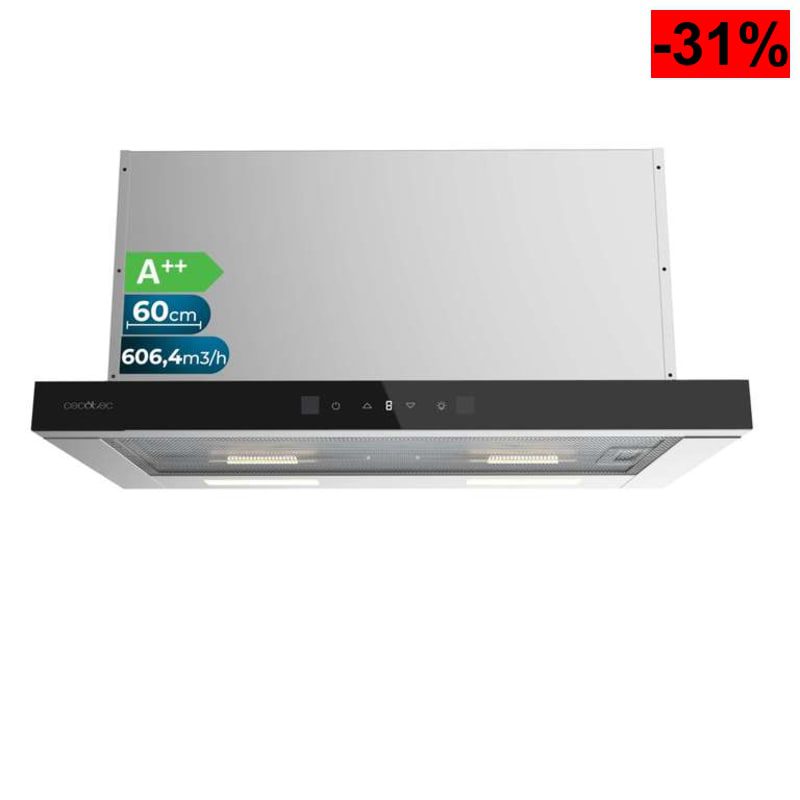 Cecotec Campana Extractora Telescópica Bolero Flux TLT 605501 Glass Black A++. 60cm, 606,4m³/h de succión, Control Táctil Invisible - oferta Amazon