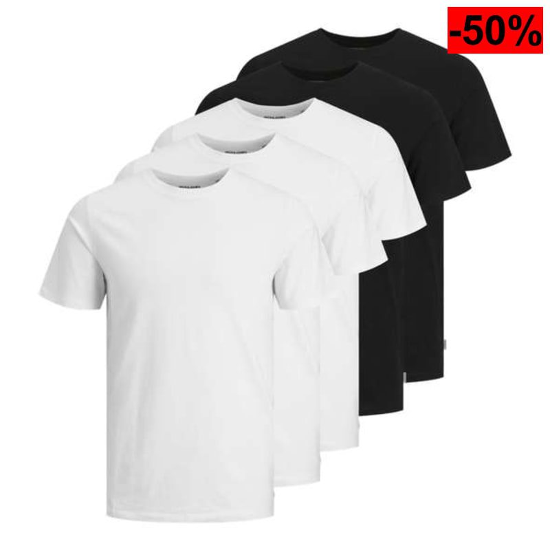 JACK & JONES 3 camisetas blancas + 2 camisetas negras. Cuello redondo. Sin serigrafía - oferta Amazon