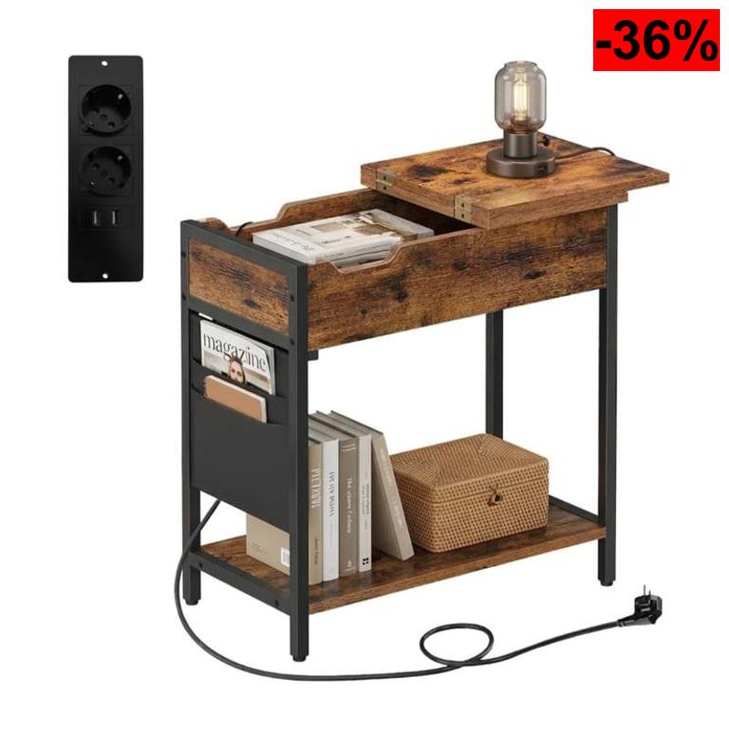 Mesa Auxiliar Relaxdays con enchufes y USB, Bolsillo Lateral, 60x60x31,5 cm, mesita de Noche Industrial, Negro/marrón - oferta Amazon