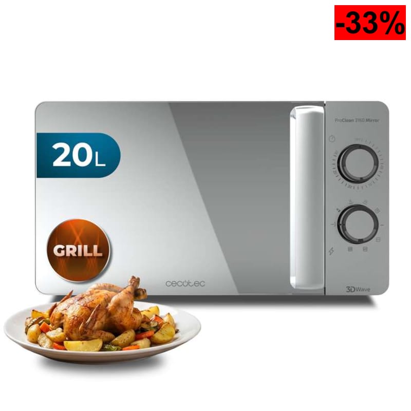 Cecotec Microondas con Grill ProClean 3160 Mirror Wave. 700W, 6 Niveles, Grill 800W, Capacidad 20L, - oferta Amazon