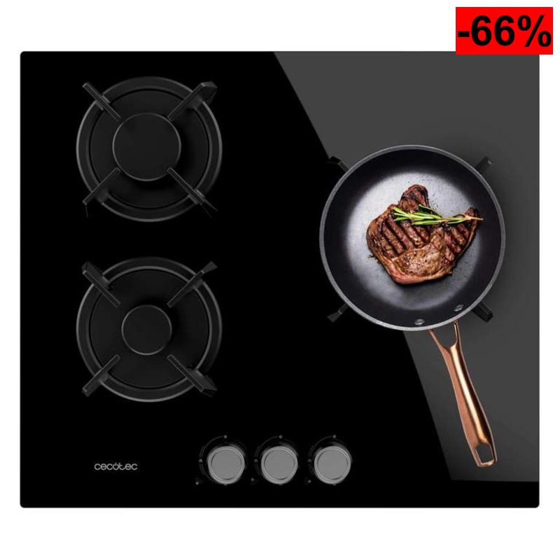 Cecotec Placa de Gas 3 Fuegos Bolero Squad Glass Black. 6,25kW, Cristal Negro, Parrillas Individuales de Hierro Fundido - oferta Amazon