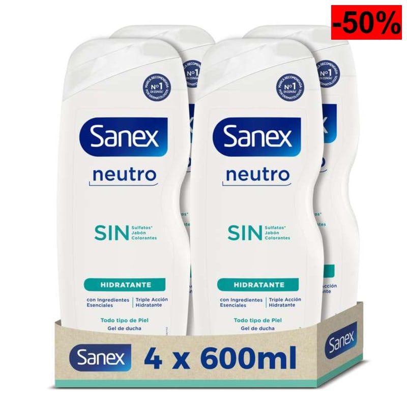 1,84€/bote comprando 2 packs | Sanex Gel de Ducha Neutro Hidratante 4x600 ml, 0% sulfatos, jabón y colorantes - oferta Amazon
