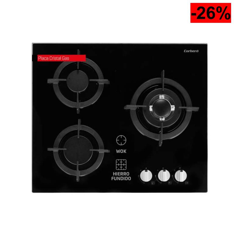 Corberó – Placa de vidrio para gas butano |CPCGY2303N | 3 quemadores | Potencia 7,75 kW - oferta Amazon