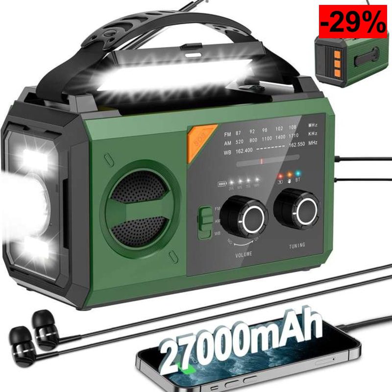 Radio de Emergencia 27.000 mAh con manivela y carga solar - oferta Amazon