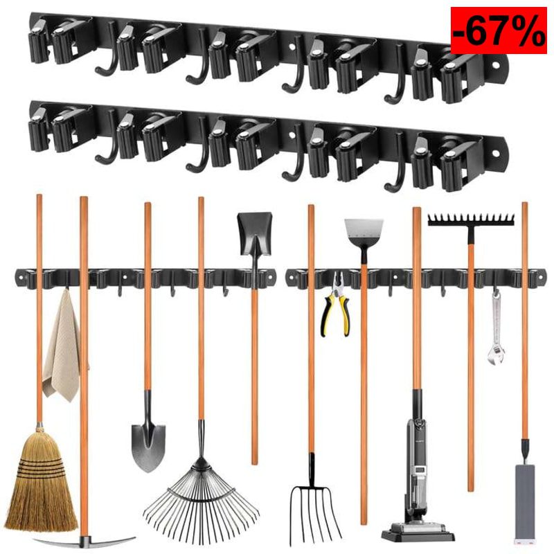 2 Piezas Soporte Escobas pared, Soportes de Pared para Fregona y Escoba, con 10 Ranuras y 8 Ganchos - oferta Amazon